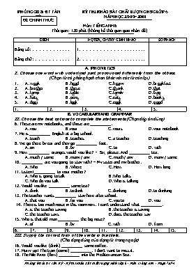 Đề thi khảo sát chất lượng học sinh giỏi môn Tiếng Anh Lớp 6 (Thí điểm) - Năm học 2010-2011 - Phòng GD & ĐT Tân Kỳ